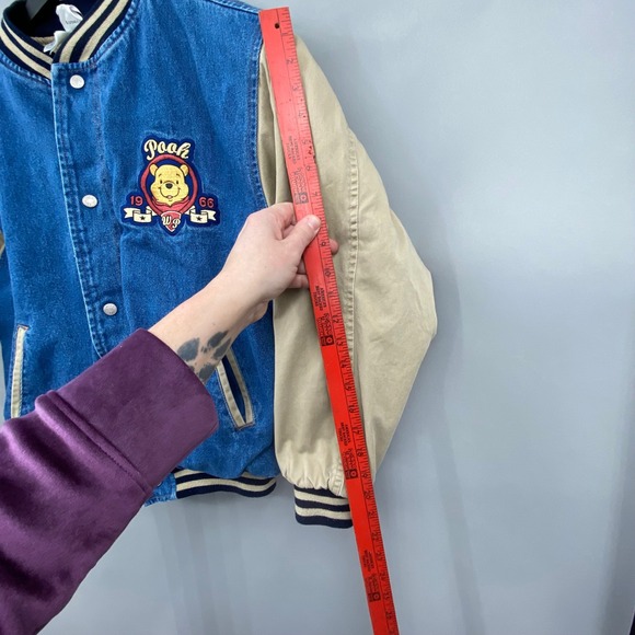 Disney Catalog Winnie the Pooh Vintage Denim Varsity Jacket Blue Tan size Small - Picture 9 of 16